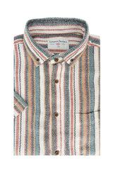 Dallas Open Weave Short Sleeve Shirt in Off White and Blue