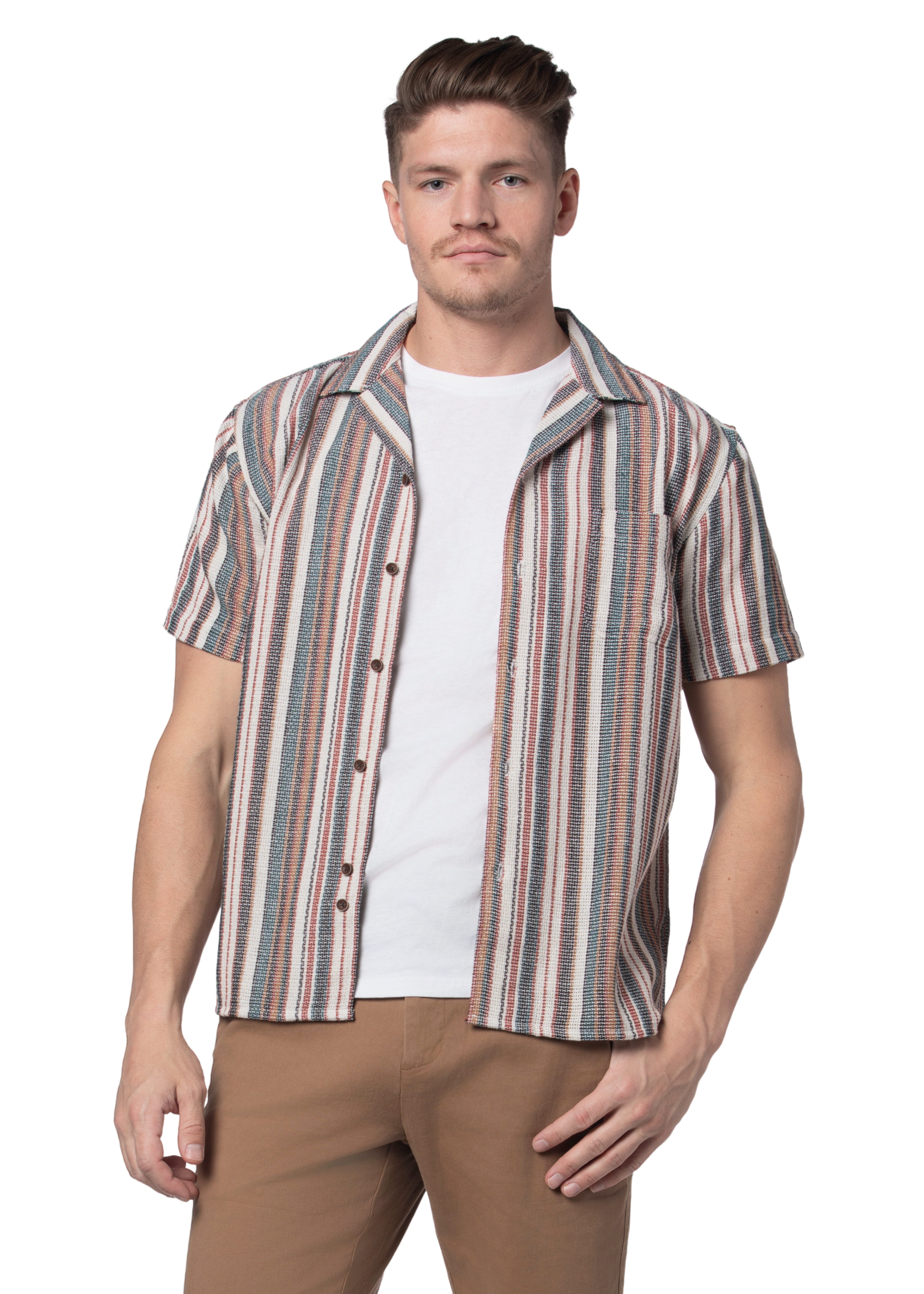 Galveston Open Weave Short Sleeve Shirt in Off White Blue and Red