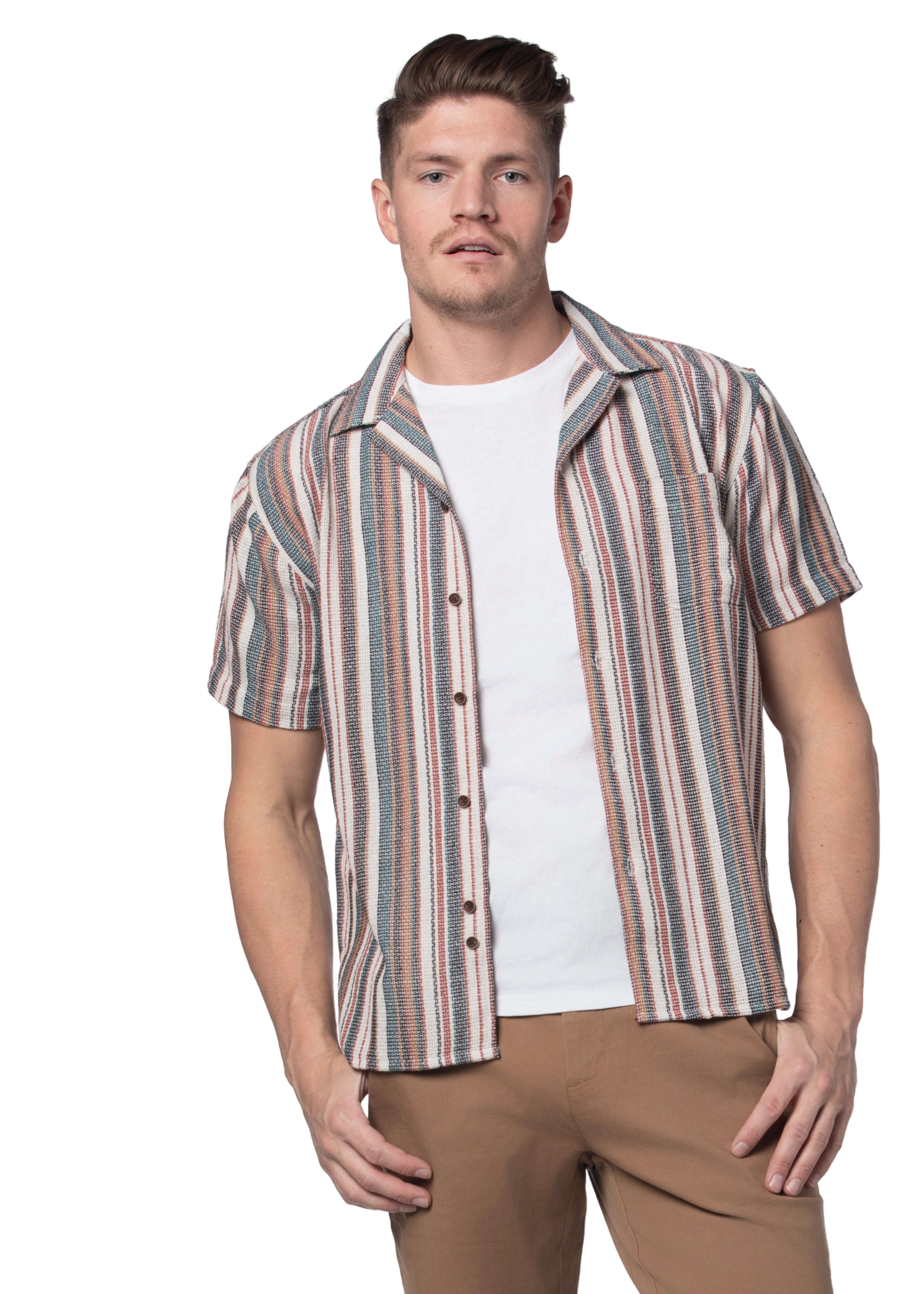 Galveston Open Weave Short Sleeve Shirt in Off White Blue and Red