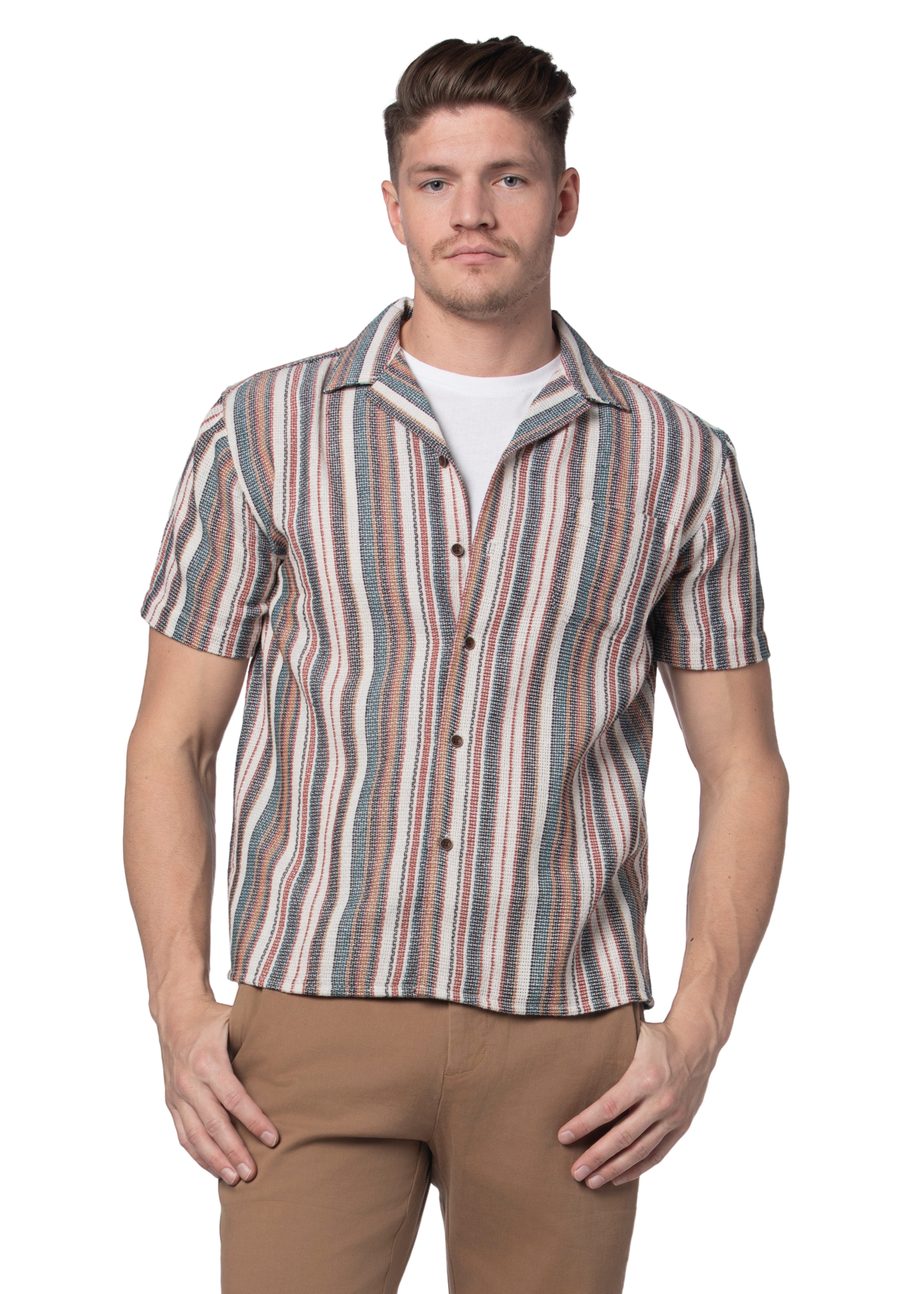 Galveston Open Weave Short Sleeve Shirt in Off White Blue and Red