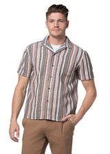 Galveston Open Weave Short Sleeve Shirt in Off White Blue and Red