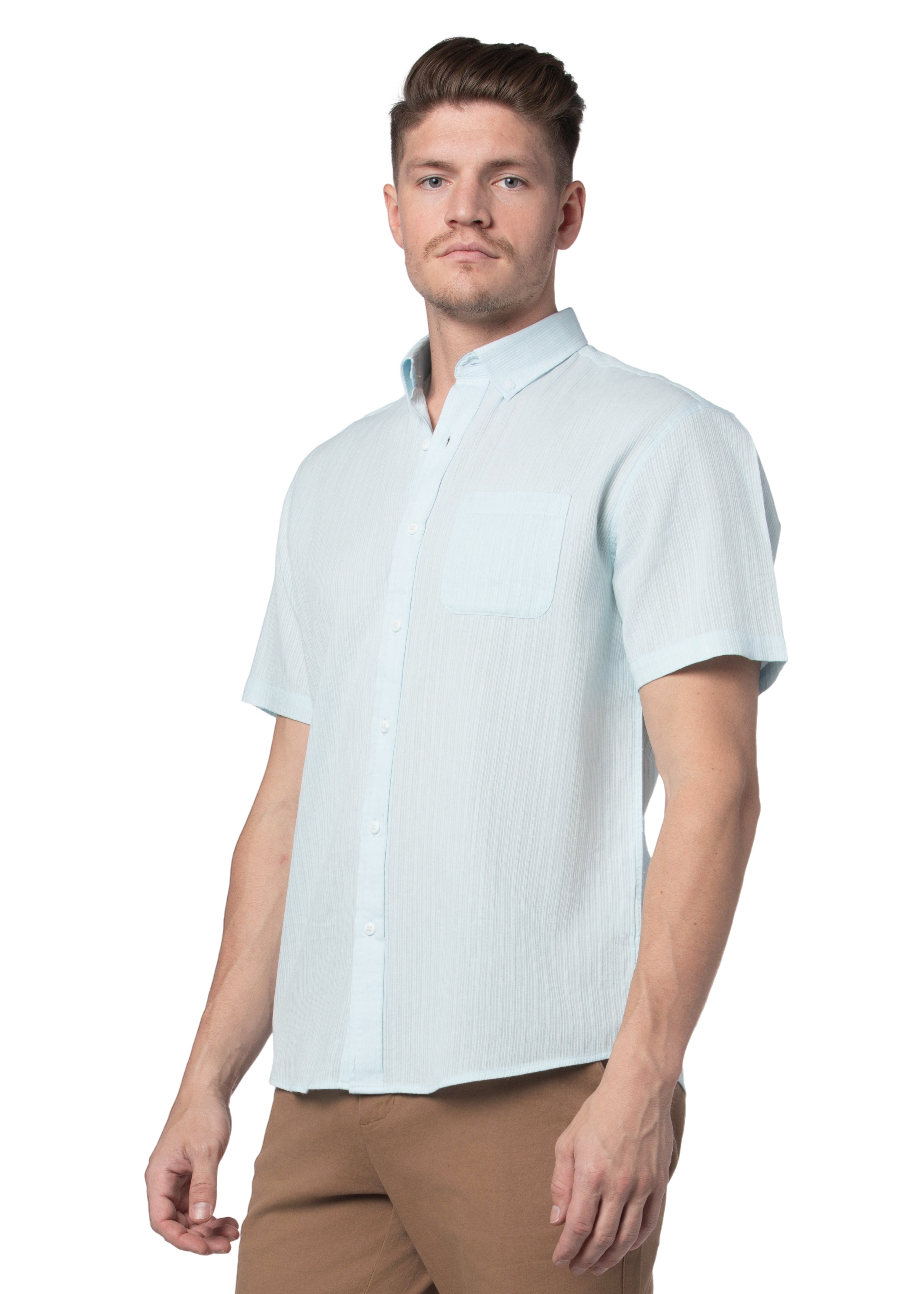 Chemise à manches courtes côtelée Norfolk Drop Needle, bleu aqua