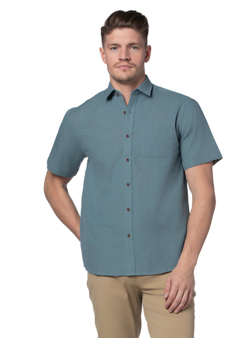 Colby Linen Blend Short Sleeve Shirt in Silver Blue