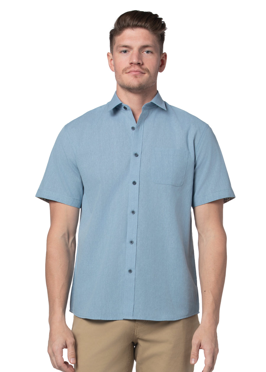 Sheffield Linen Blend Short Sleeve Shirt in Iceberg Blue
