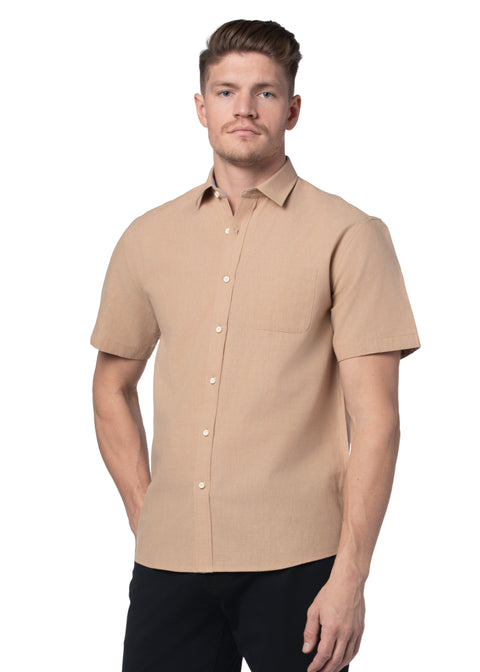 Tregaron Linen Blend Short Sleeve Shirt in Fuzzy Peach