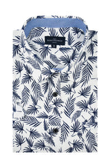 Salthill Short Sleeve Palm Print Poplin Shirt in White and Navy