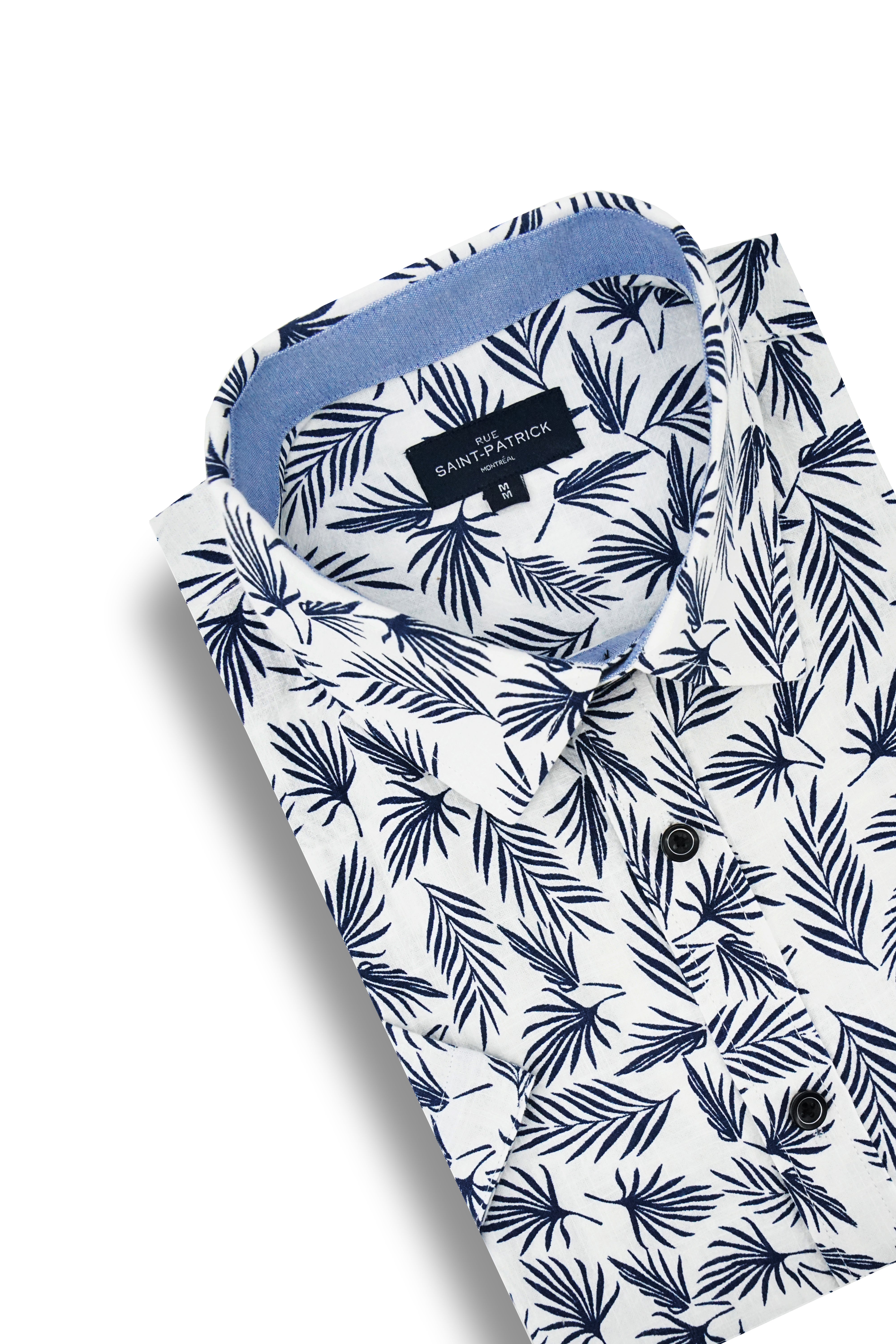 Salthill Short Sleeve Palm Print Poplin Shirt in White and Navy