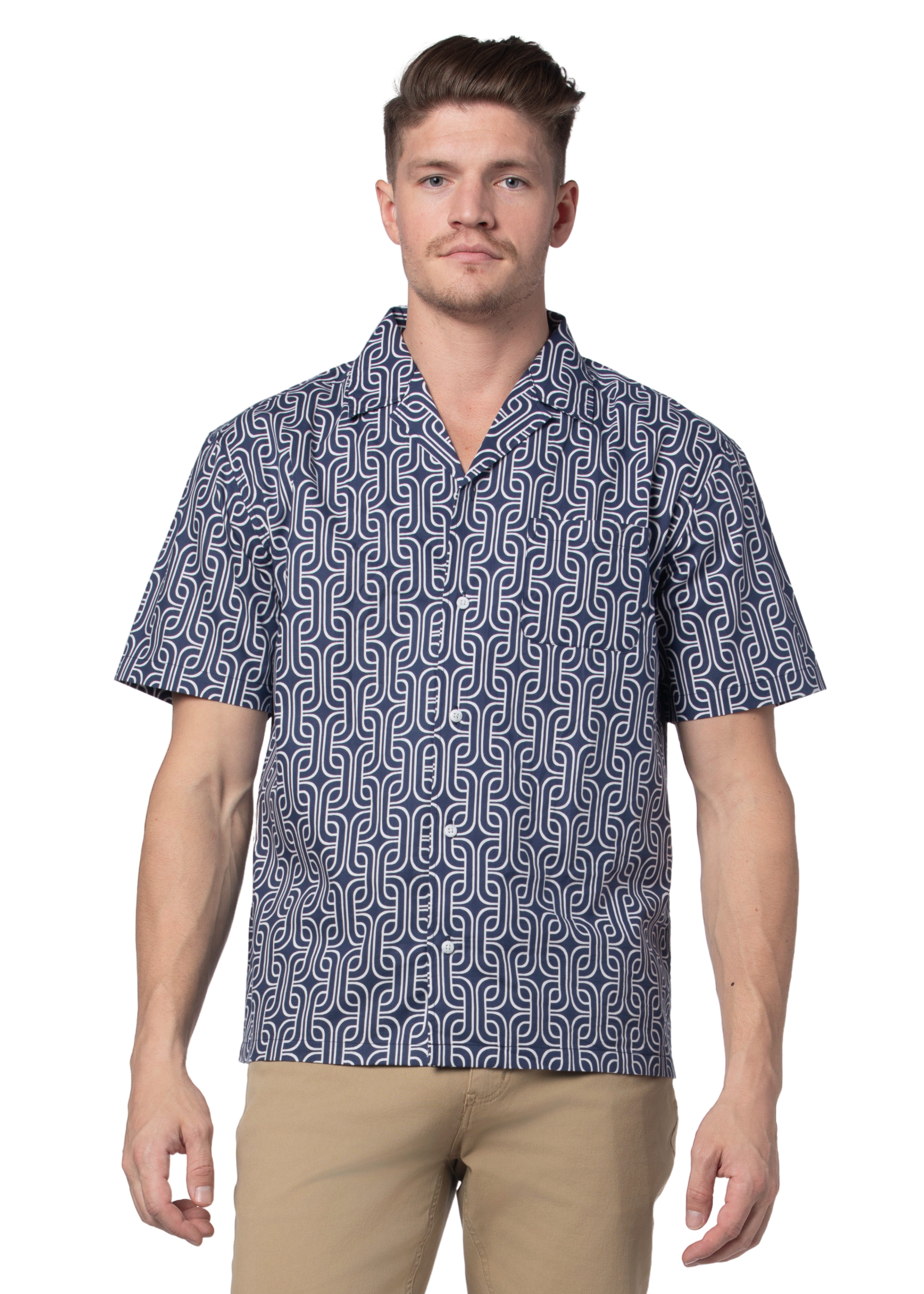 Pavona Comfort Fit Short Sleeve Shirt in Blue and White