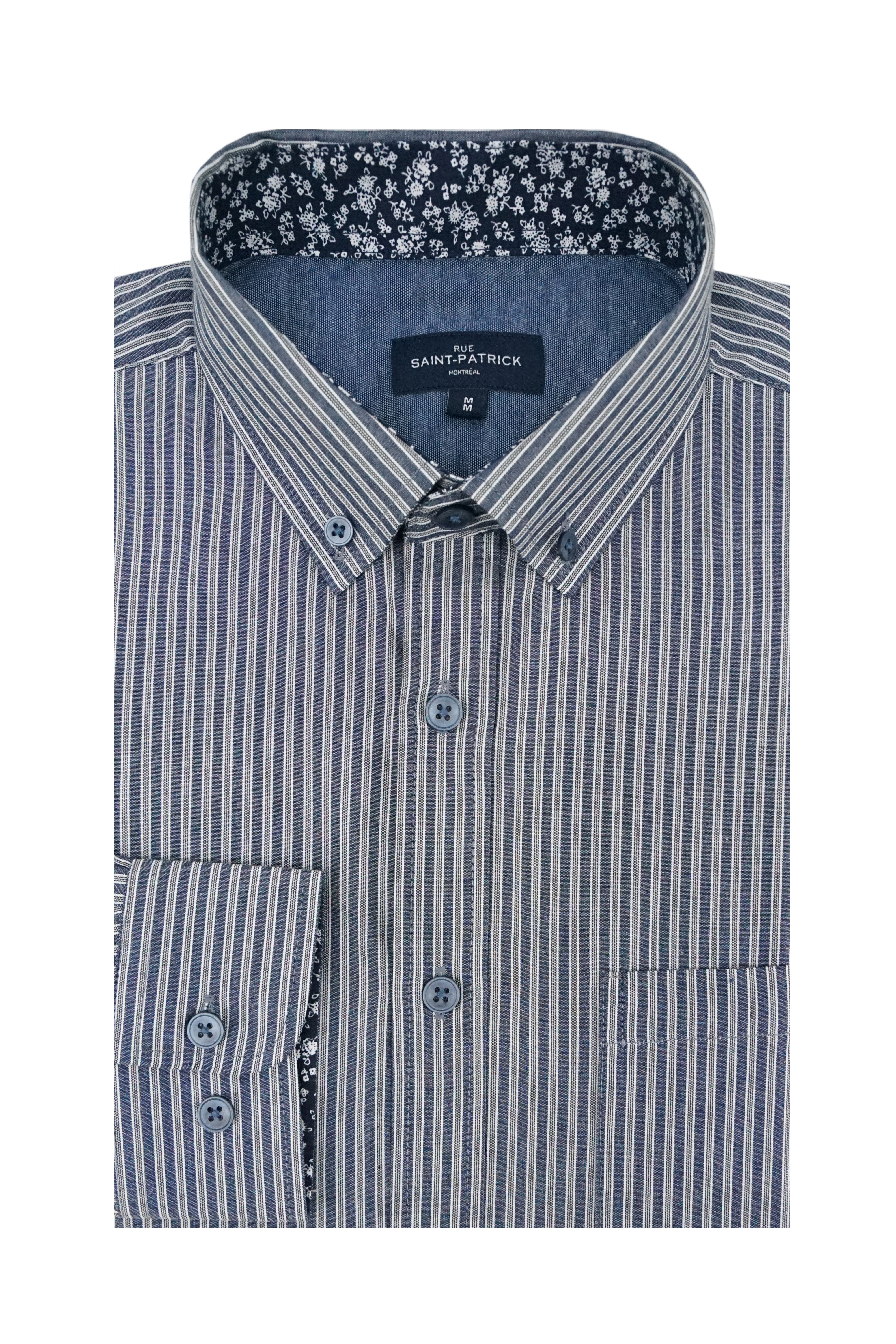 Folded blue and white striped shirt with floral collar on a white background