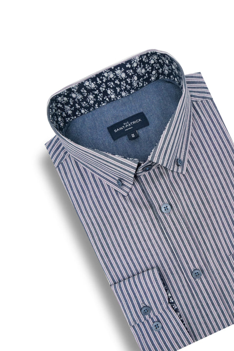 Pelletier Striped Poplin Shirt in Dark Indigo and Mauve