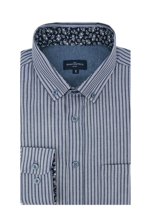 Hochelaga Striped Poplin Shirt in Dark Indigo and Blue