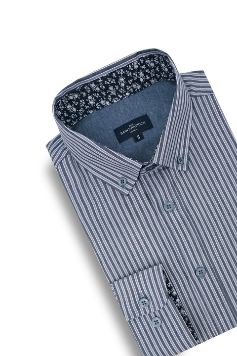 Hochelaga Striped Poplin Shirt in Dark Indigo and Blue