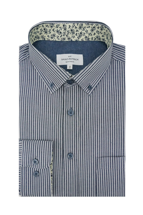 Comtois Striped Poplin Shirt in Silver and Dark Indigo