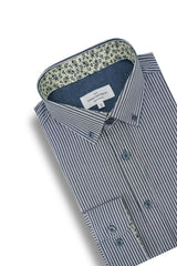 Comtois Striped Poplin Shirt in Silver and Dark Indigo