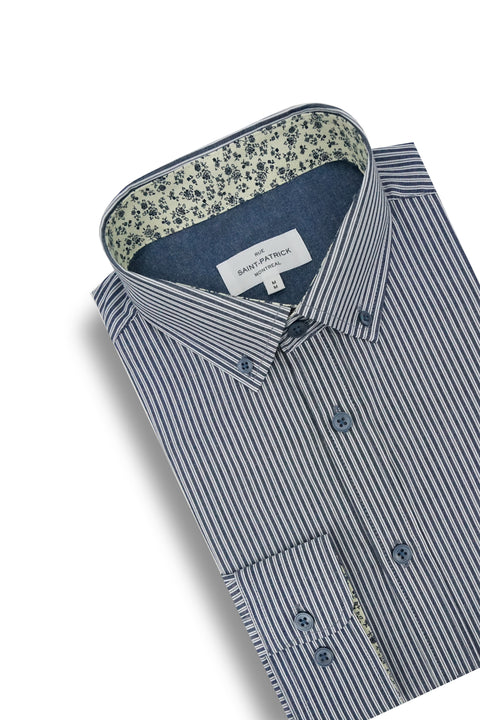 Comtois Striped Poplin Shirt in Silver and Dark Indigo