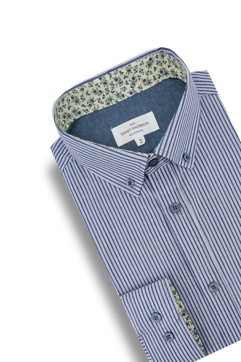 Belvedere Striped Poplin Shirt in Silver and Dark Indigo