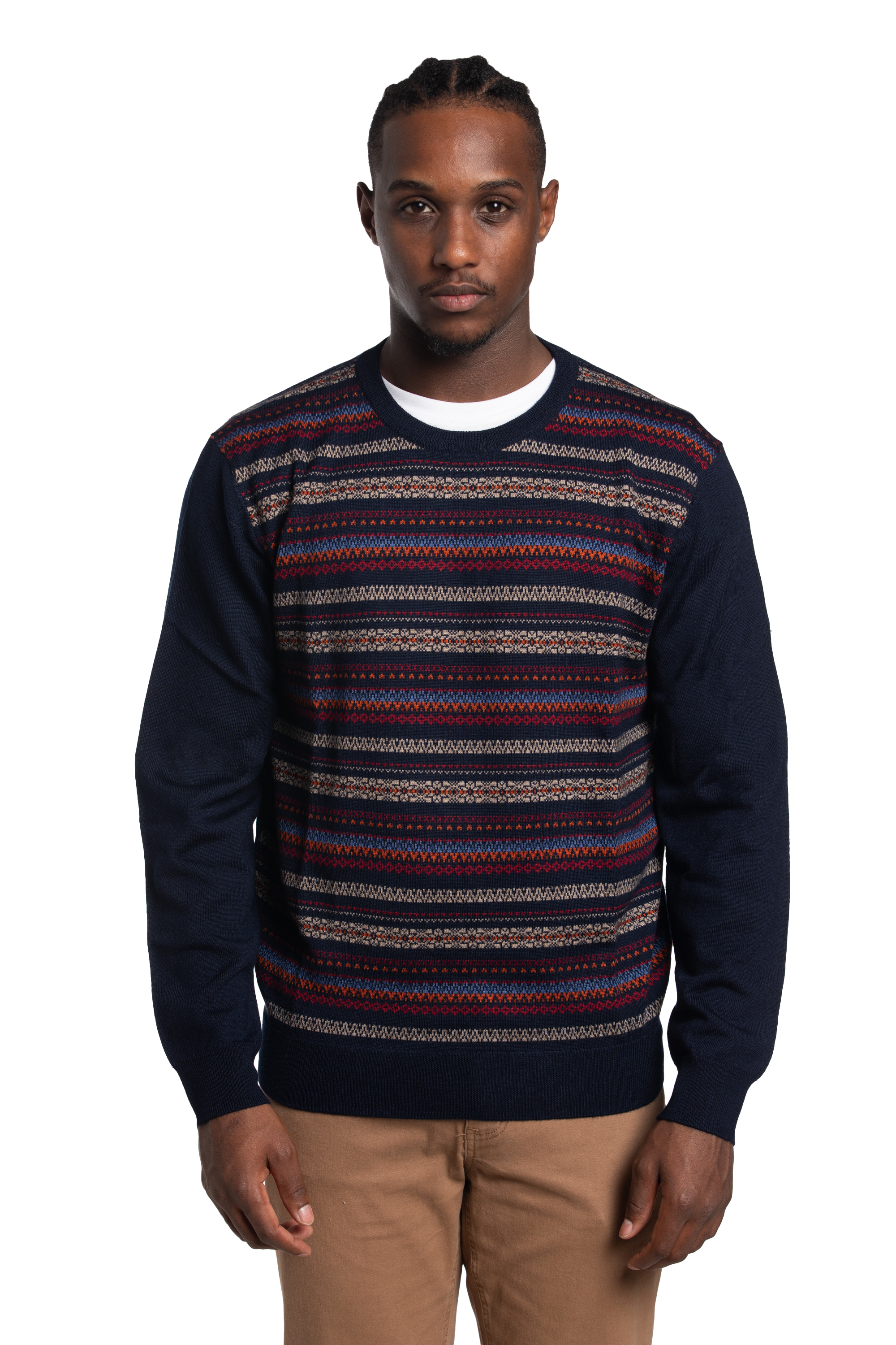 Pull ras du cou en laine mérinos mélangée Fairisle en bleu marine