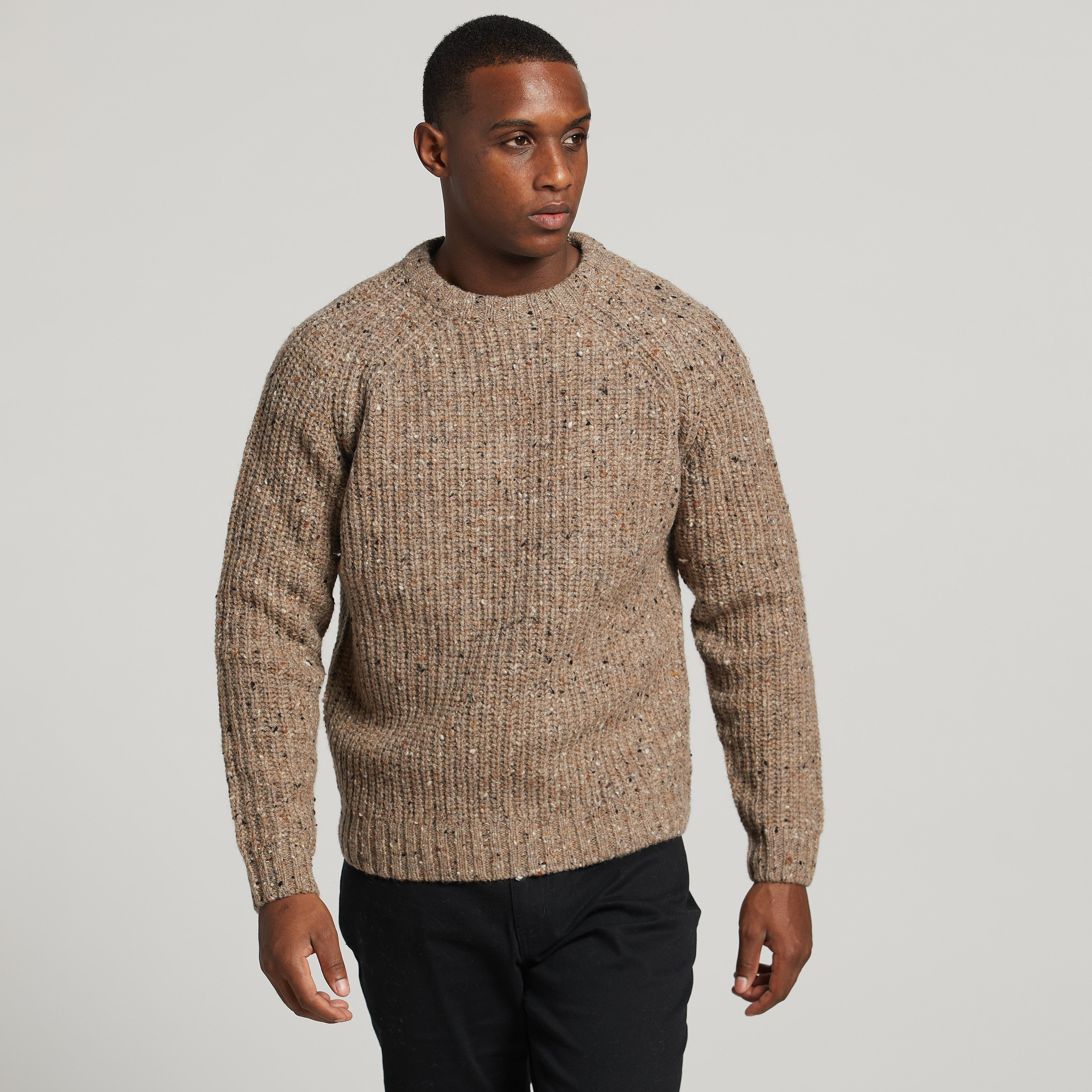Tipperary Fisherman's Ribbed Crewneck Sweater in Taupe