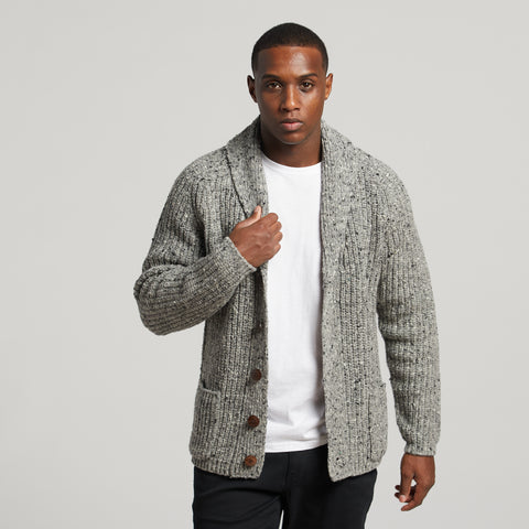 Leinster Wool Rib Shawl Cardigan in Granite Grey