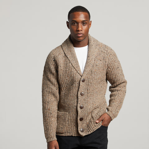 Leinster Wool Rib Shawl Cardigan in Taupe