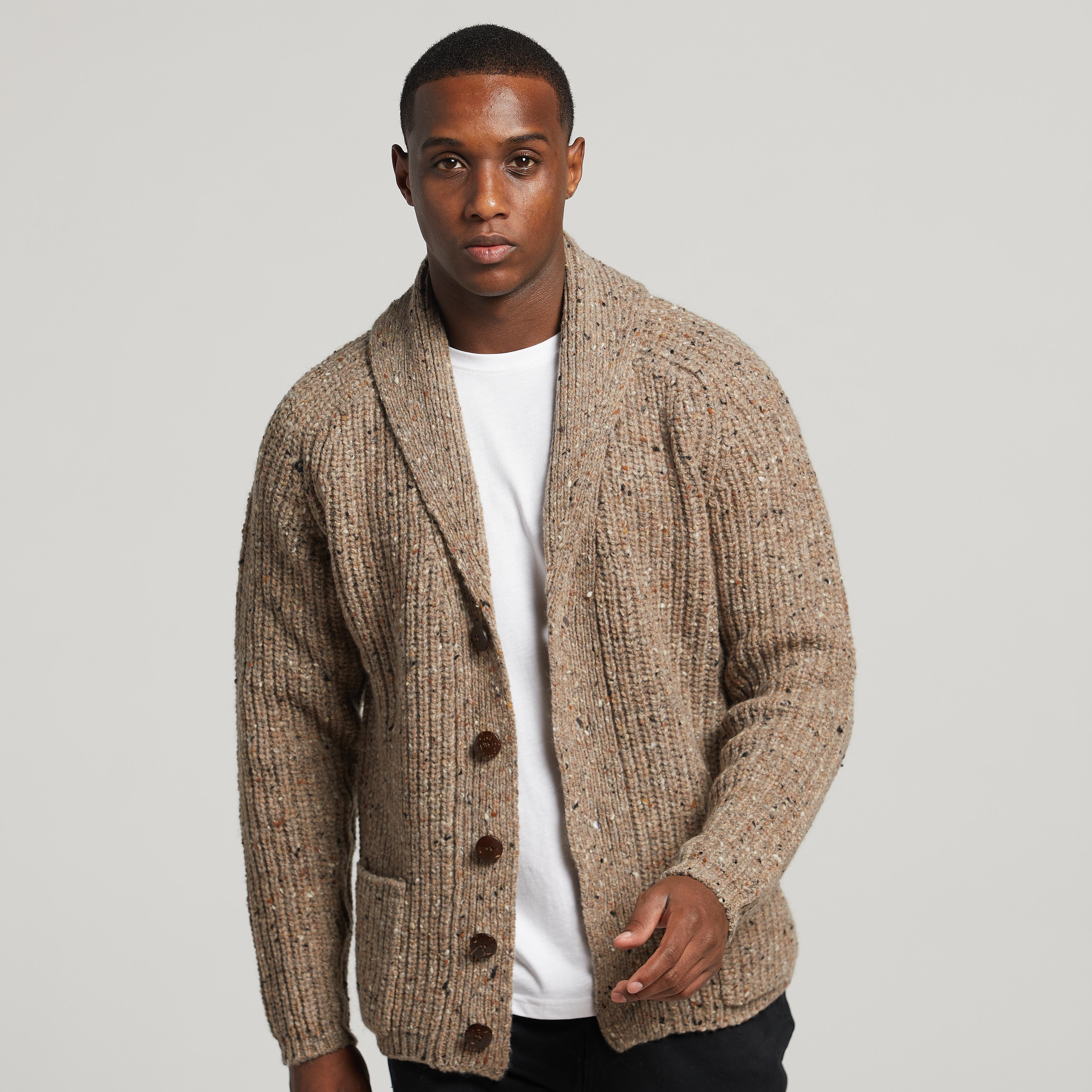 Leinster Wool Rib Shawl Cardigan in Taupe