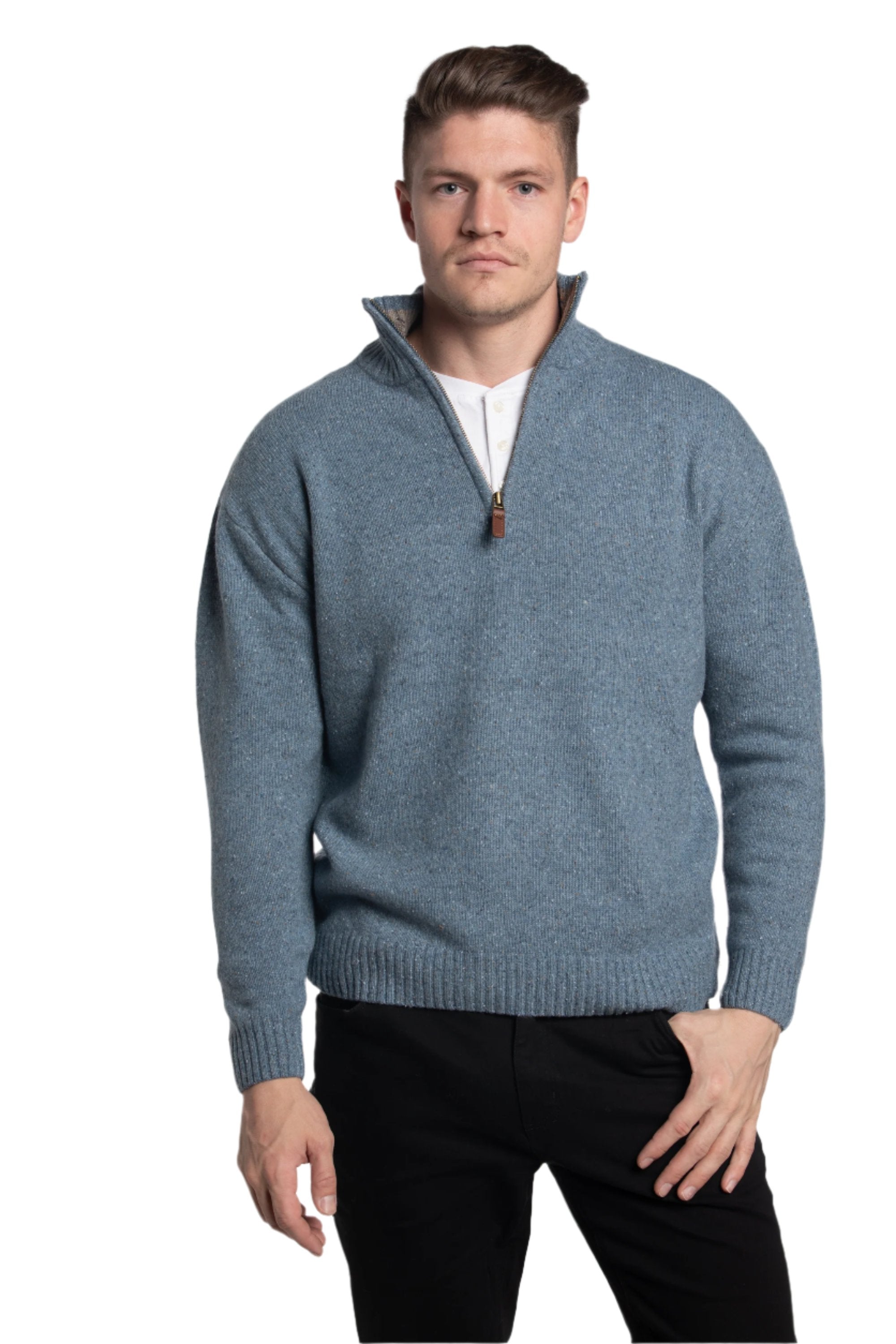Donegal Blend Zip Neck Sweater in Boathouse Blue