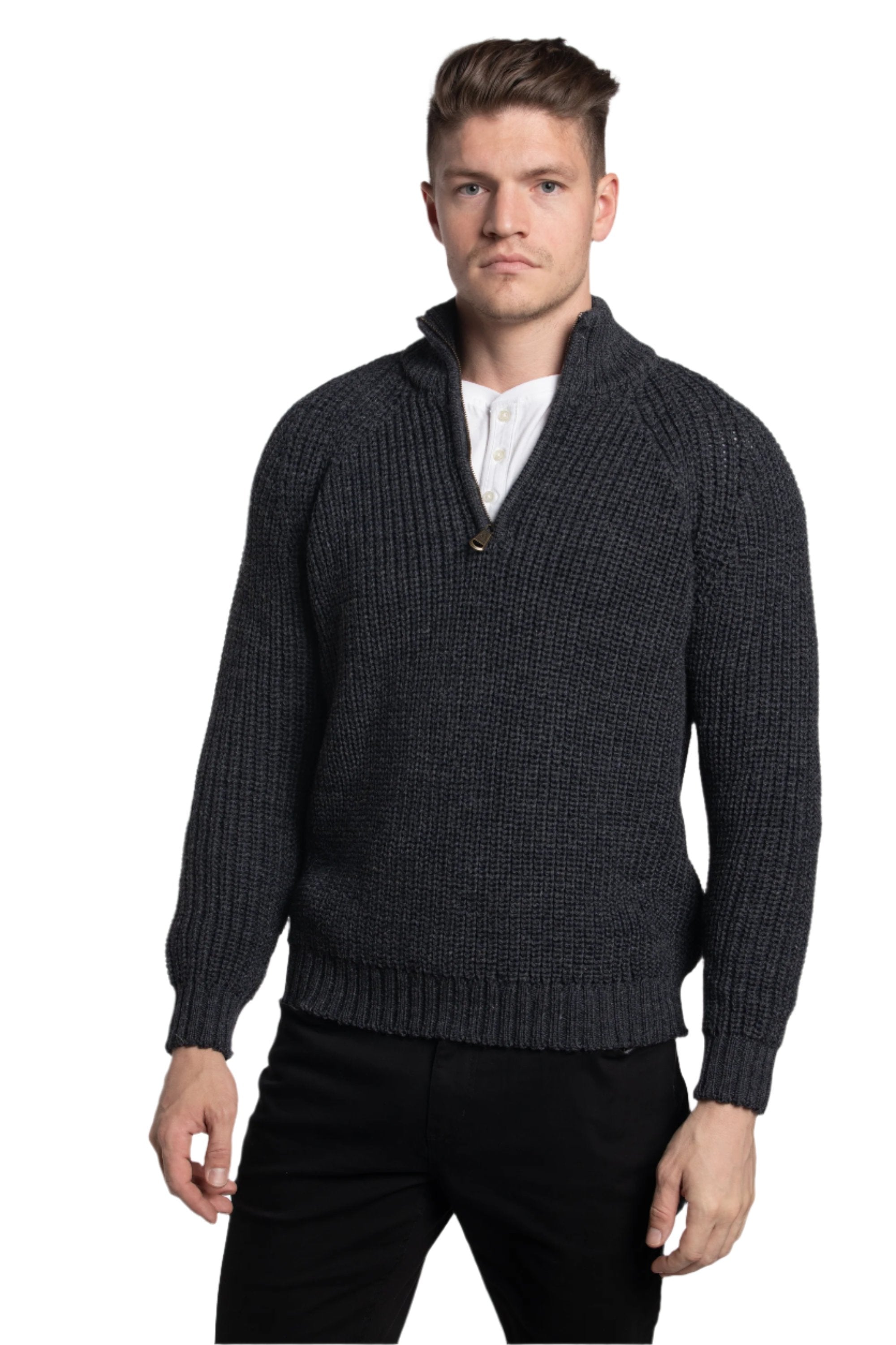 Fisherman Raglan Zip Sweater in Charcoal