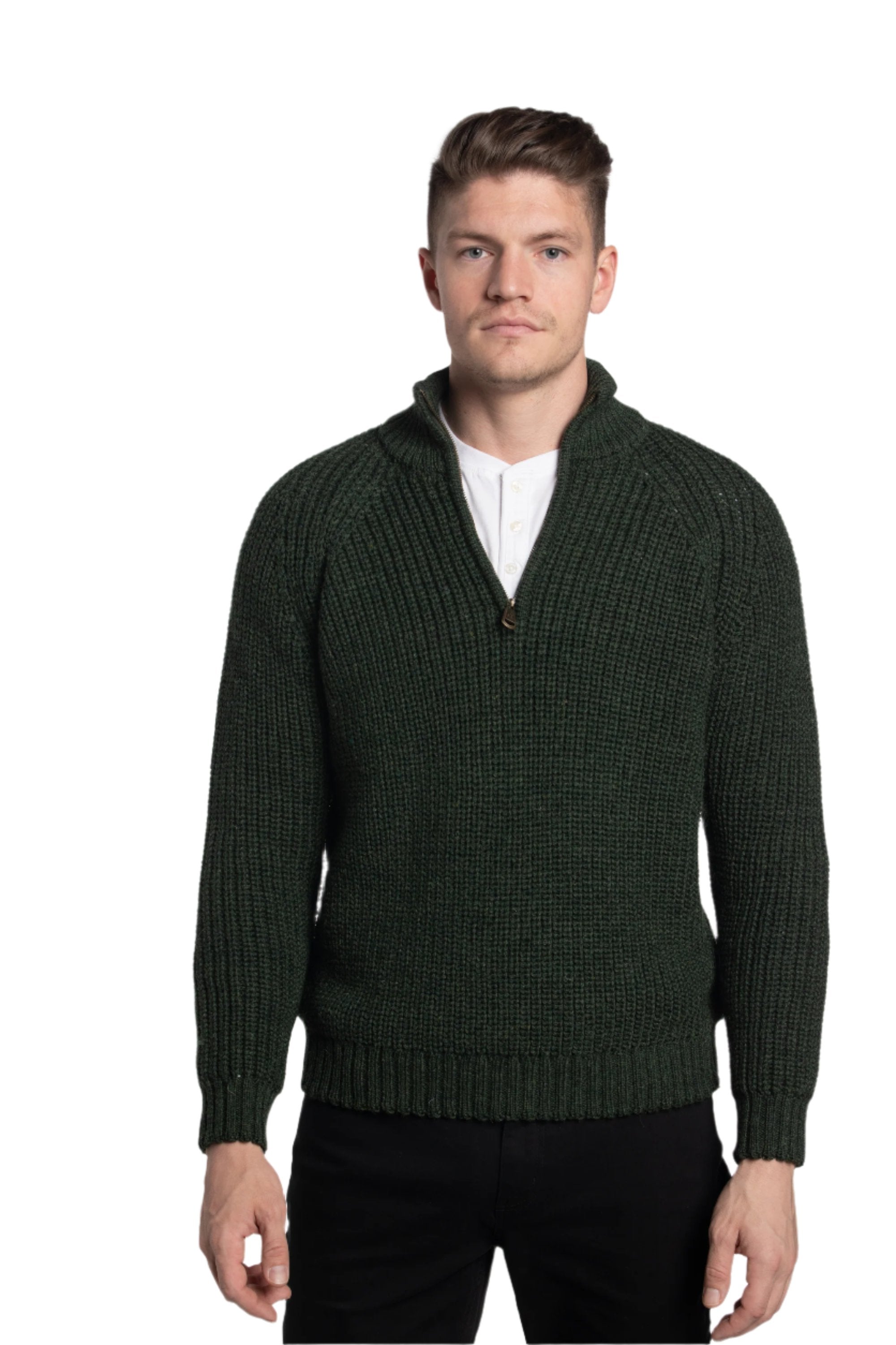 Fisherman Raglan Zip Sweater in Emerald Green