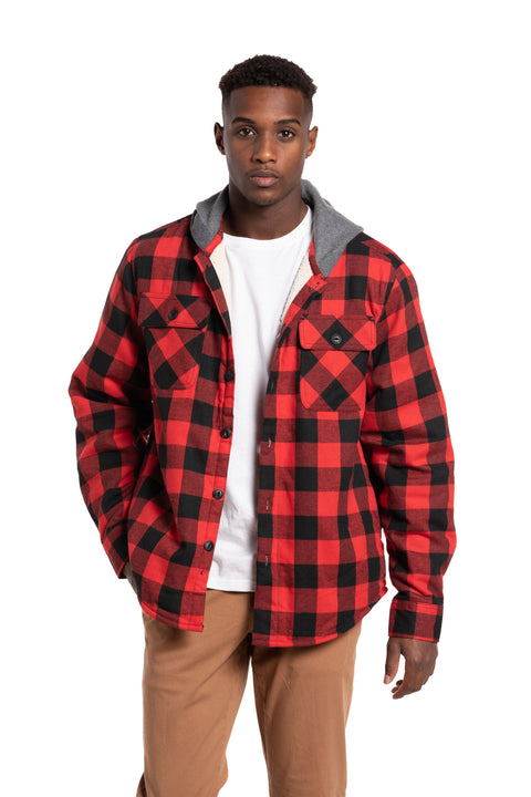 Carrickfergus Hooded Sherpa Lined OverShirt in Red and Black
