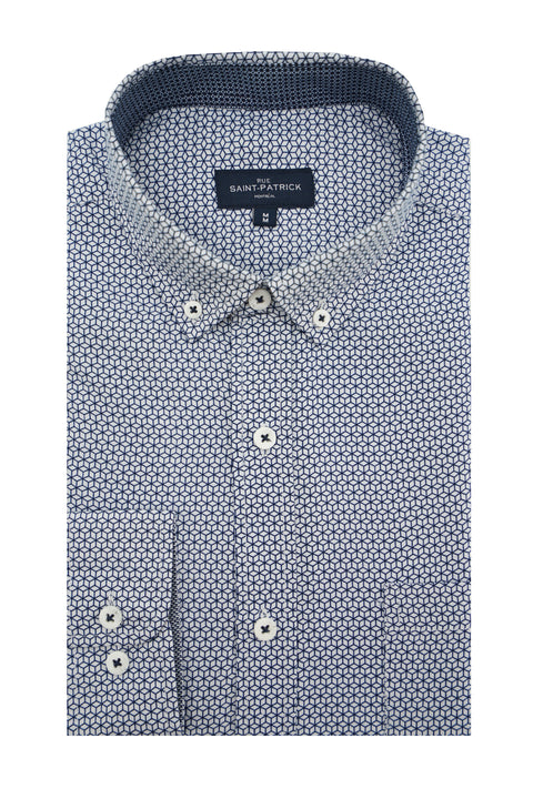 Louth Cubic Print Shirt in White and Navy
