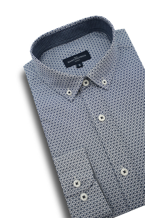 Louth Cubic Print Shirt in White and Navy