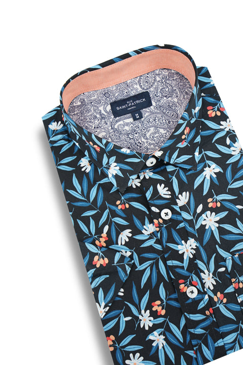 Montego Floral Short Sleeve Shirt in Black and Coral Blue