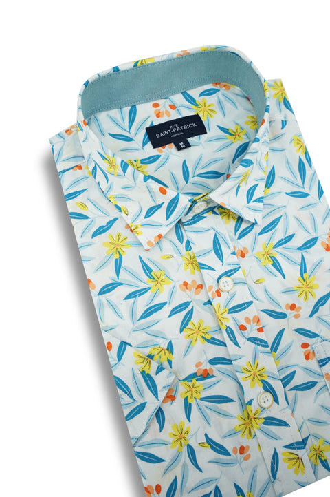 Bali Floral Short Sleeve Shirt in White Teal and Coral