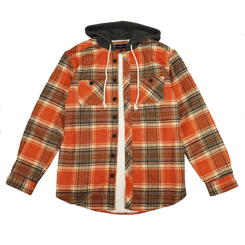 Kilkenny Hooded Sherpa Lined OverShirt in Pumpkin and Grey
