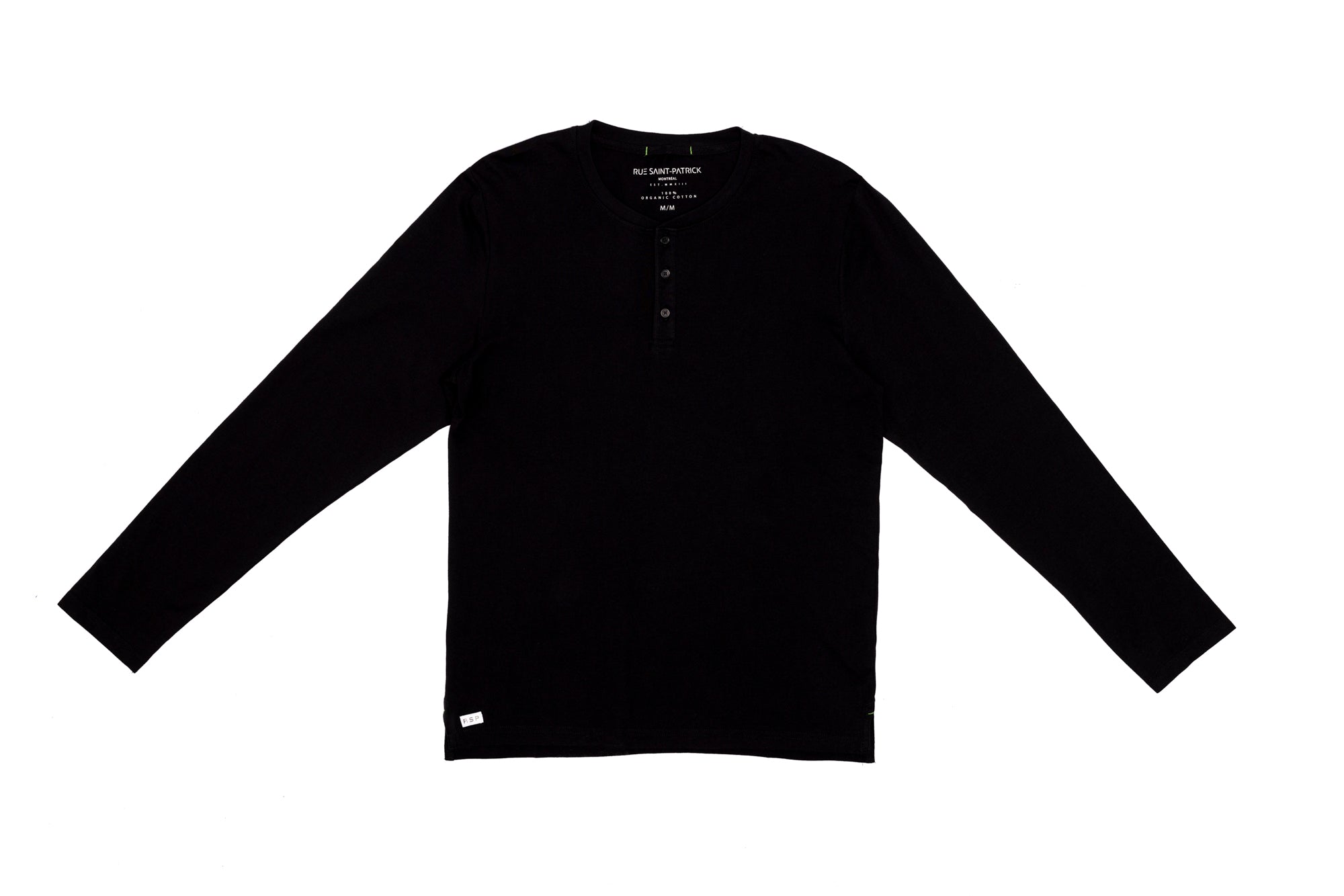 T-shirt Henley à manches longues en coton biologique noir