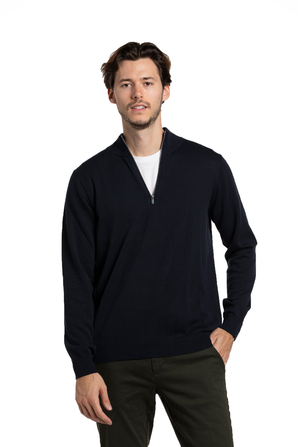 Pull en coton à col montant et fermeture éclair en bleu marine