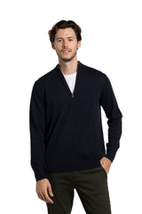 Pull en coton à col montant et fermeture éclair en bleu marine