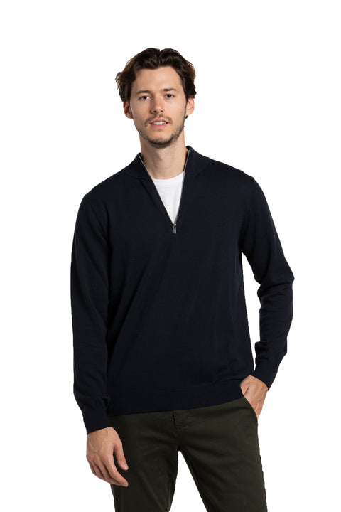 Zip Mock Neck Cotton Sweater in Navy