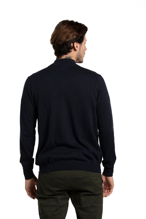 Zip Mock Neck Cotton Sweater in Navy