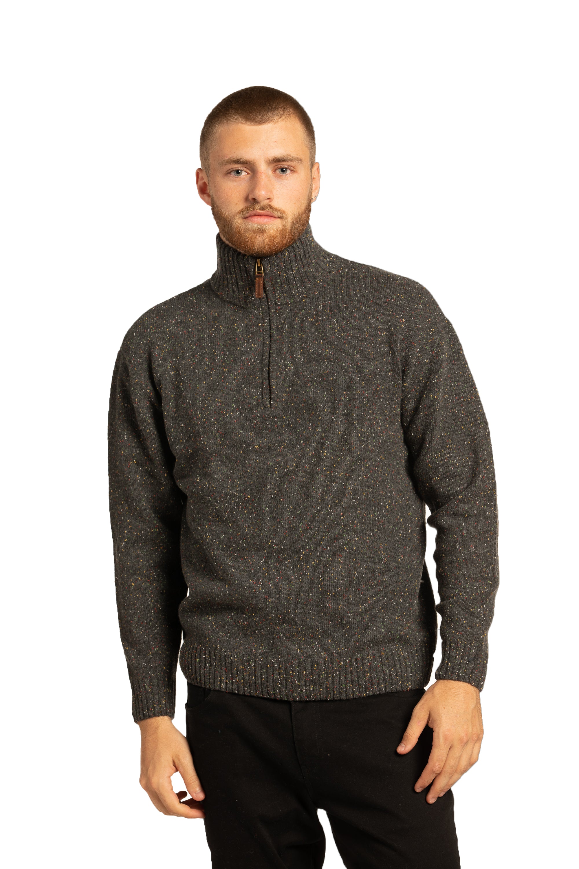 Pull à col zippé en mélange de coton Donegal en anthracite